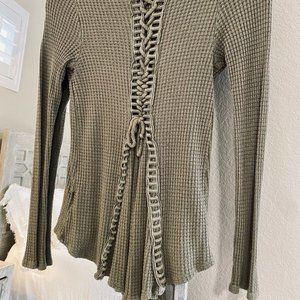 Olive Green Thermal Top w/ Back Lace-up Detail